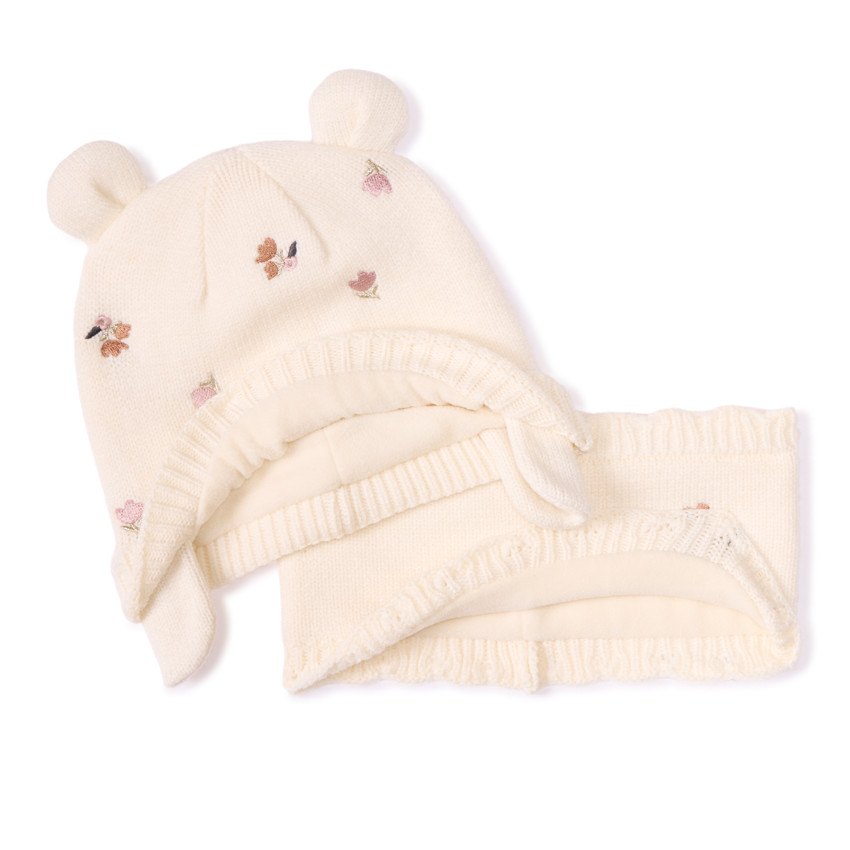 Set bonnet + snood avec fleurs brodées pour bébé fille  