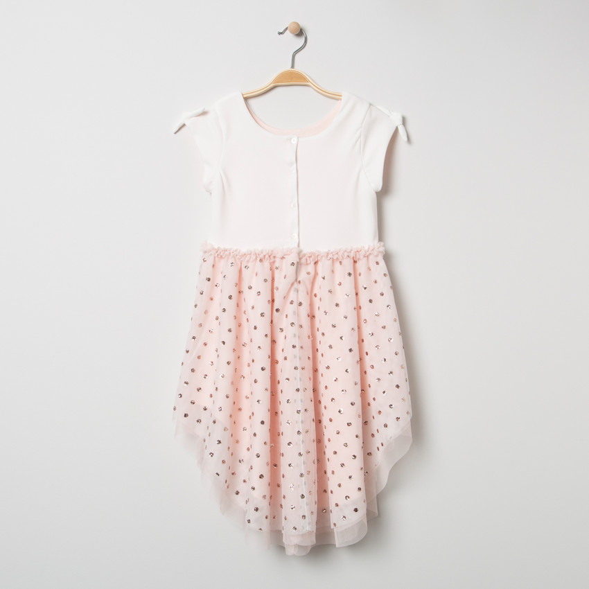 Robe de cérémonie bi-matière en tulle à pois pailletés 