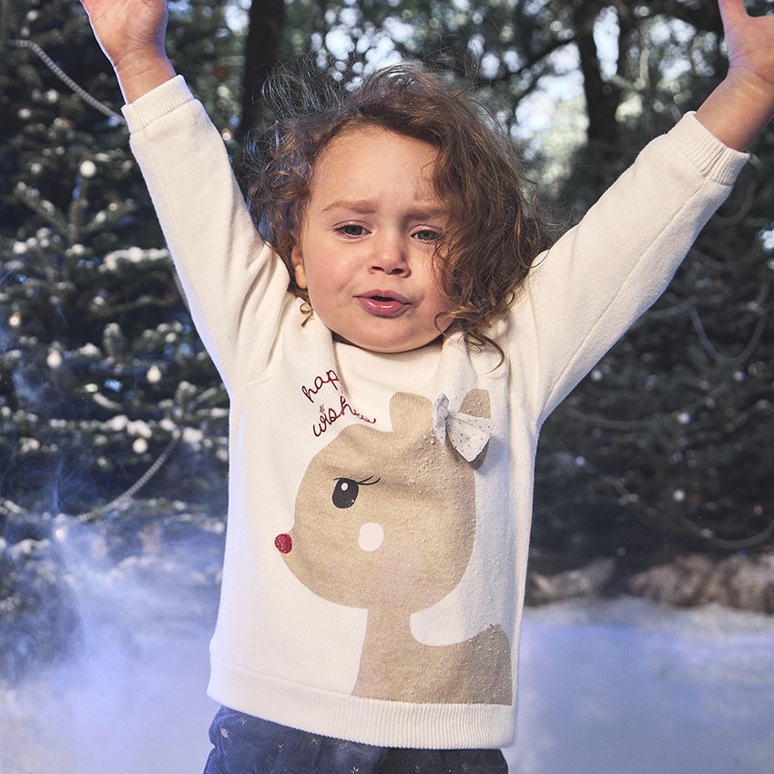 Pull en tricot doublé velours motif biche pour bébé fille 