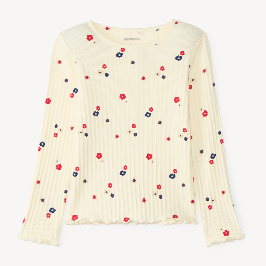 T-shirt manches longues fille en maille côtelée imprimé fleurs 