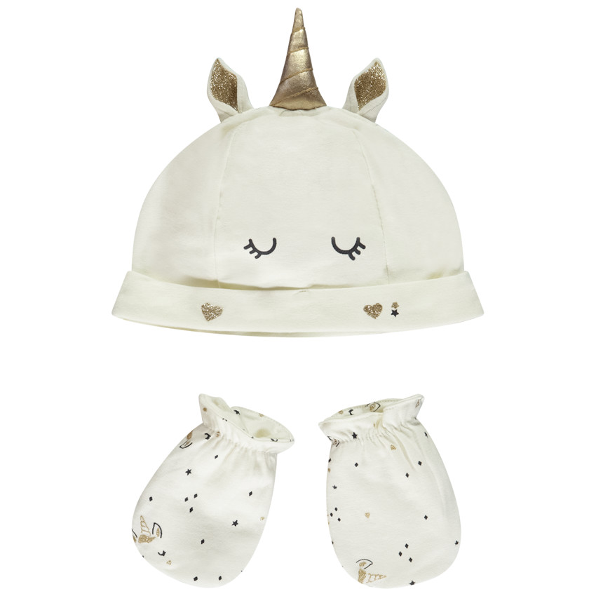 Ensemble bonnet + moufles Licorne pour bébé fille 
