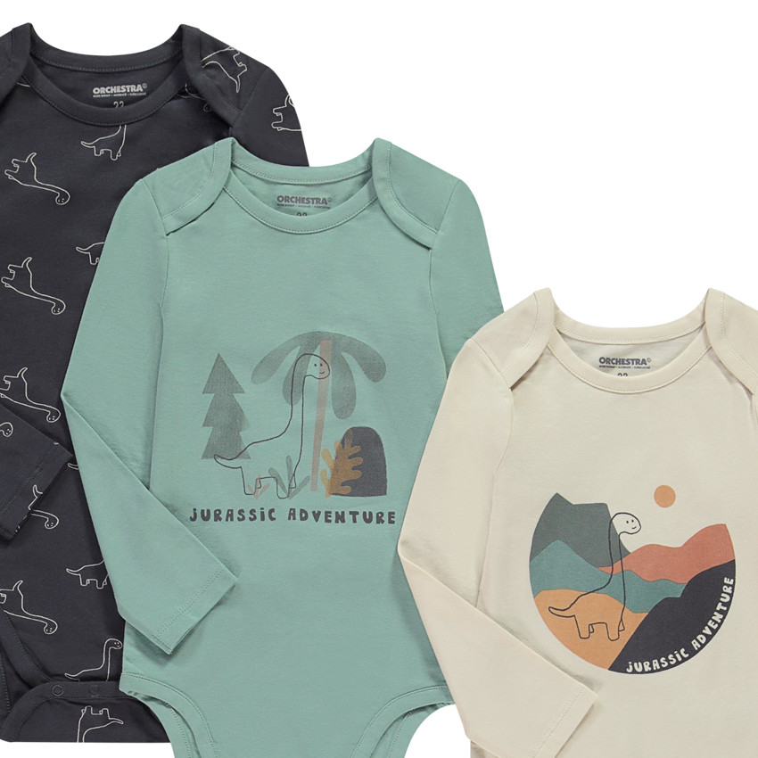 Lot de 5 bodies manches longues dinosaures pour bébé garçon avec ouvertures différentes selon l'âge 