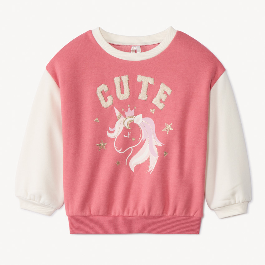 Sweatshirt in fleece met glinsterende eenhoornprint en geborduurde details voor babymeisje 