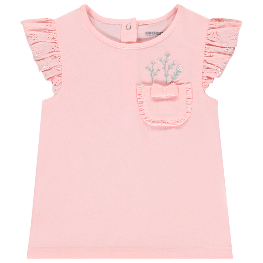Korte mouwen T-shirt met geborduurde zak voor baby meisje 