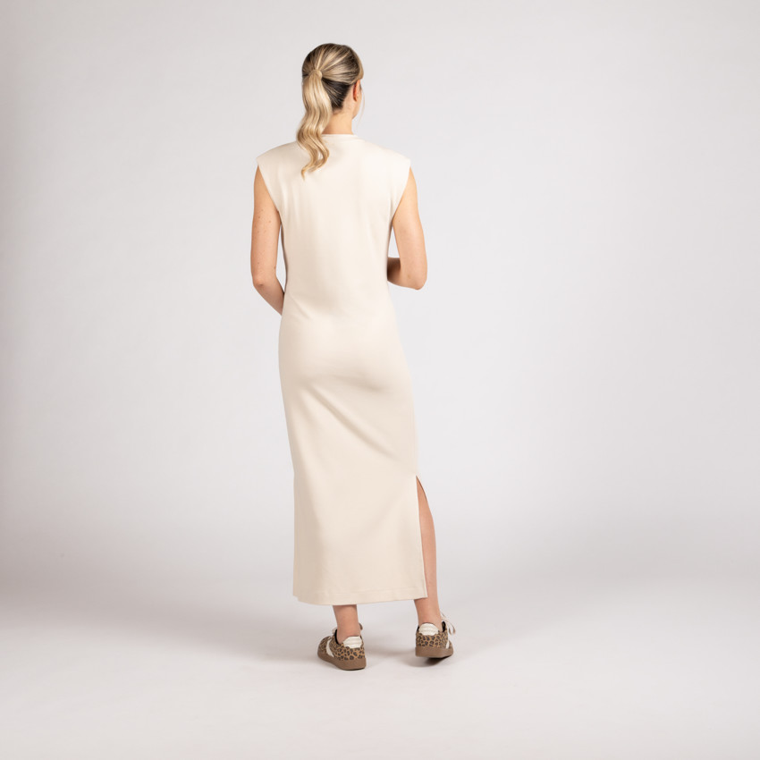 Mouwloze lange jurk met zijsplitten - effen beige 