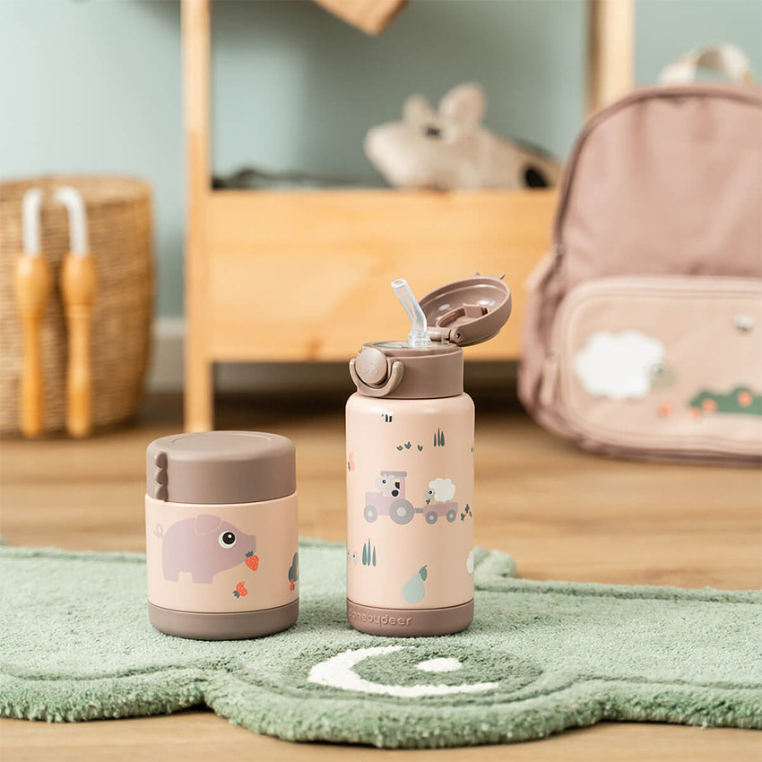 Drinkfles isothermish met rietje 340ml Tiny Farm Roze 