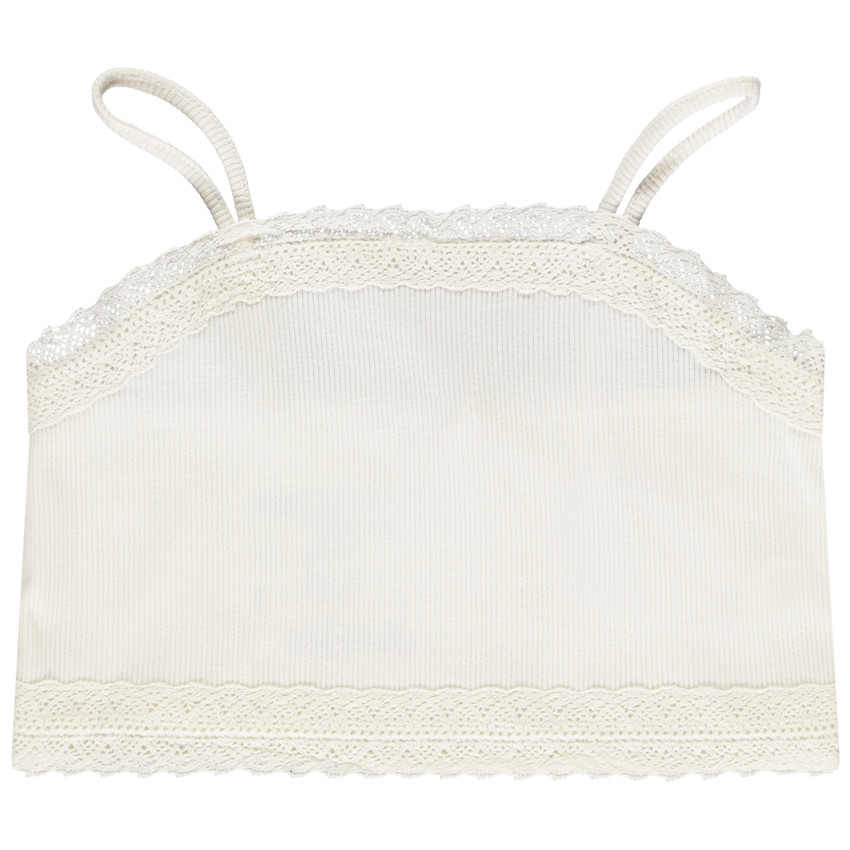 Crop top côtelé à bretelles fines et dentelle fille 