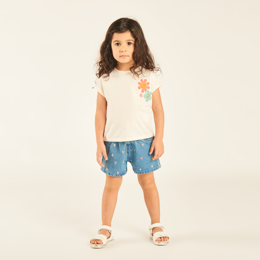 T-shirt manches courtes à revers avec fleurs en crochet pour bébé fille 