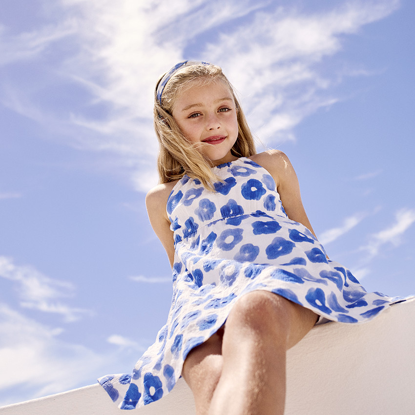 Robe sans manches imprimé floral et taille à nouer pour fille 