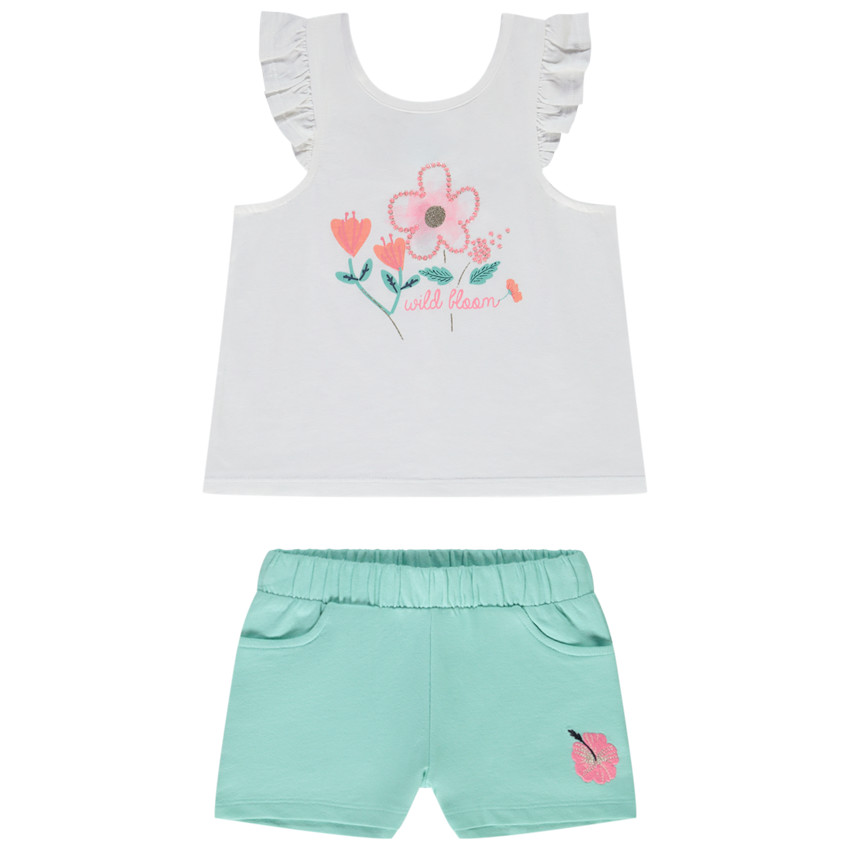 Twee-delige set met bloemenprint top en effen short voor meisjes 