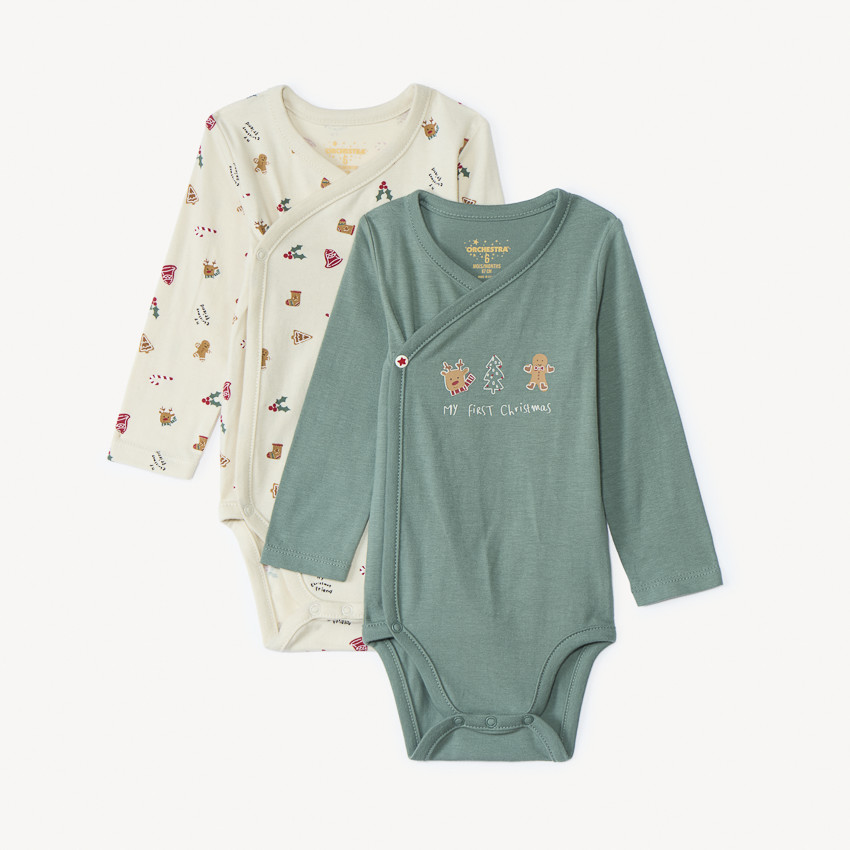 Set van 2 kerst rompertjes met lange mouwen voor jongens, met verschillende openingen afhankelijk van de leeftijd. 