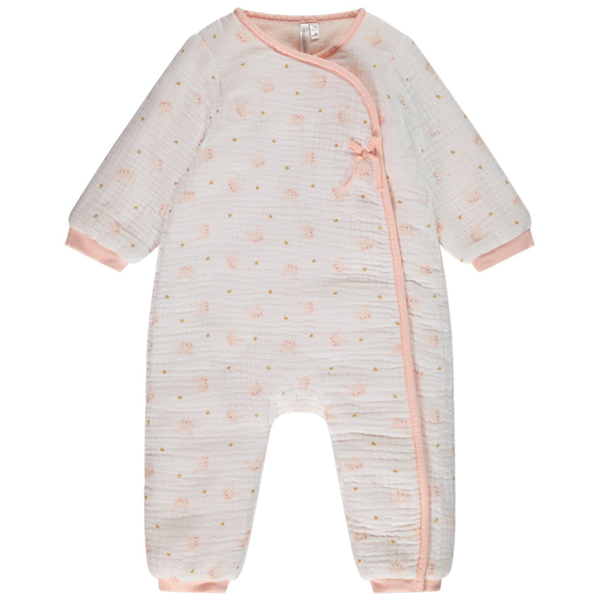 Combinaison longue en double gaze de coton imprimé lapins pour bébé fille 