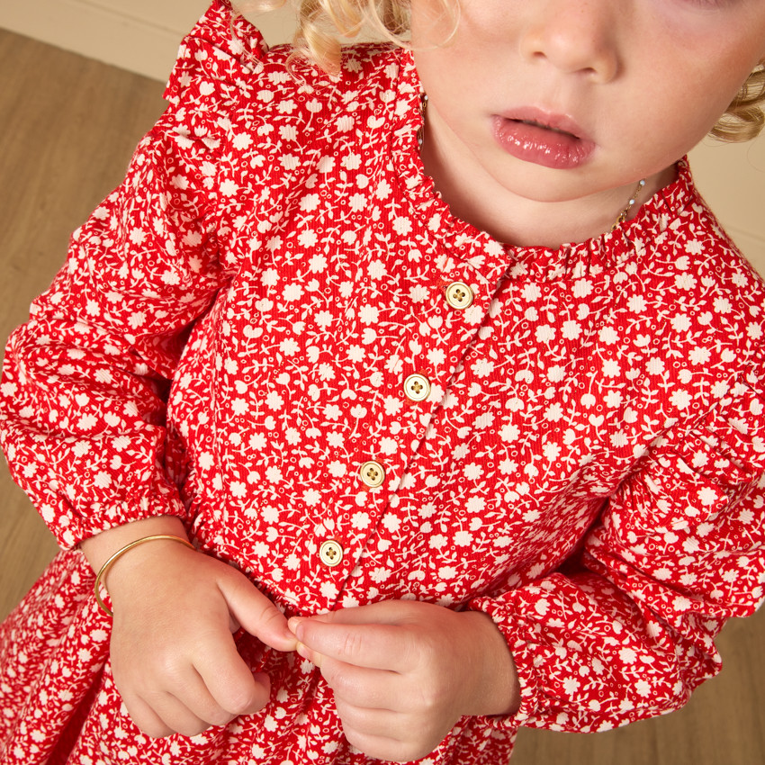 Robe manches longues rouge avec fleurs imprimés pour bébé fille 