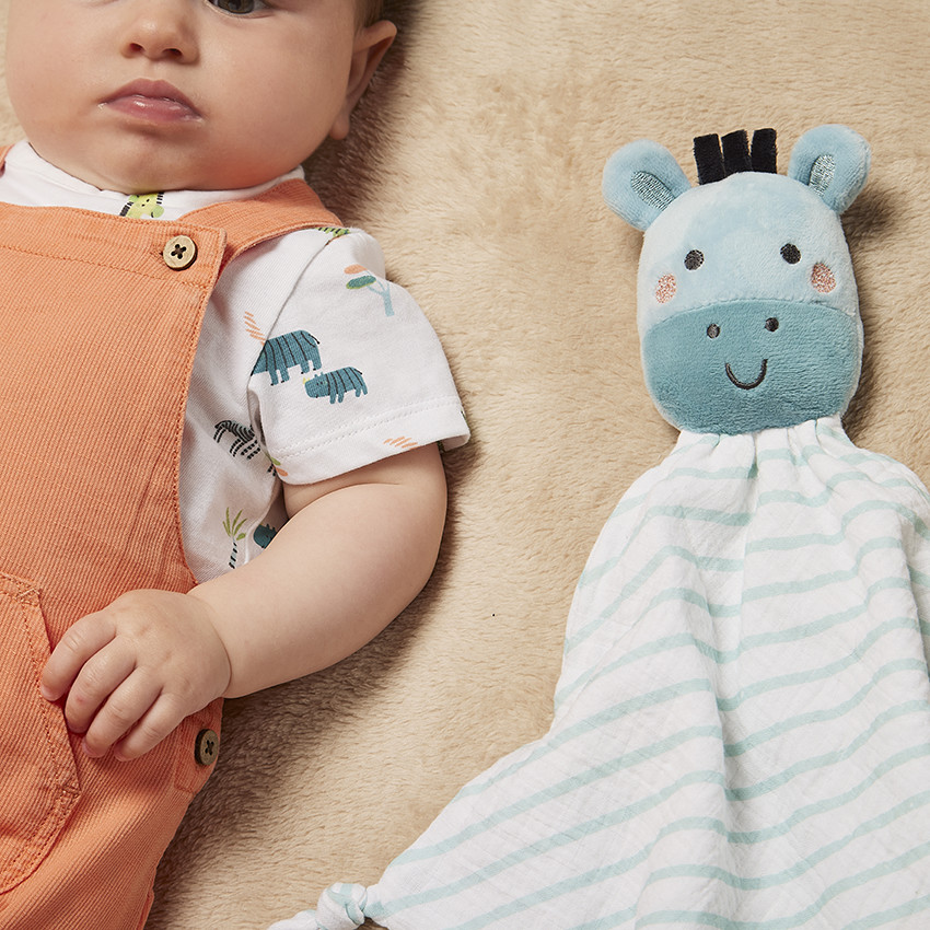 Doudou mouchoir zèbre oreilles 3D et détails brodés pour bébé  