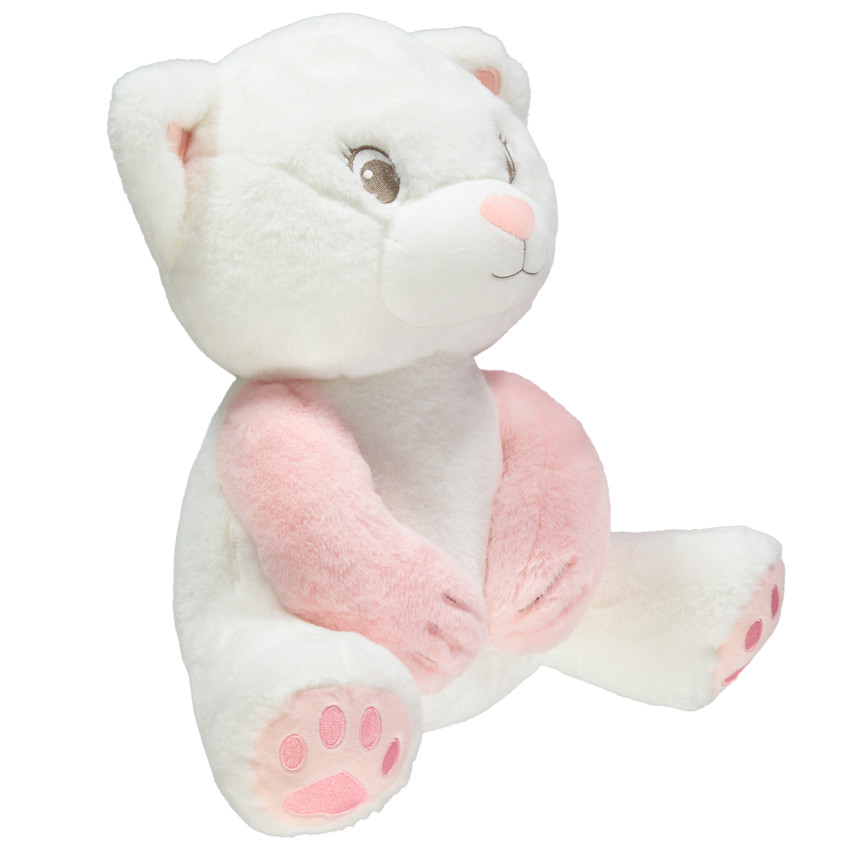 Pluche kat met geborduurde details en roze accenten 