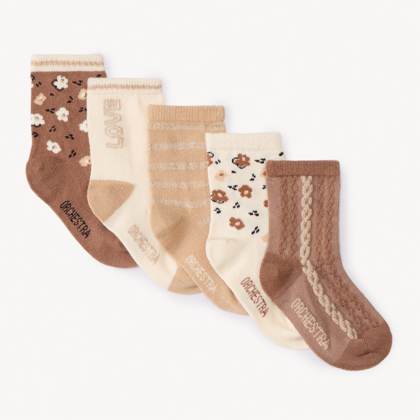 Set van 5 paar fantasie babysokken voor meisjes met jacquardpatronen en gouden lurexdraad 