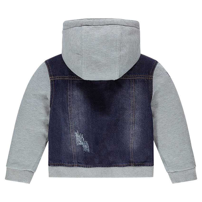 Jeansvest uit twee materialen met afneembare kap 