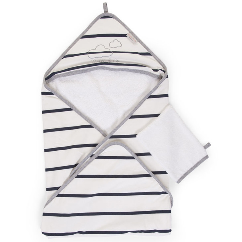 Set de bain avec cape à capuche et gant - Jersey Marin 