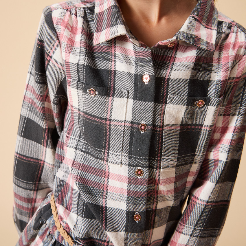 Robe chemise manches longues ceinturée à carreaux pour fille 