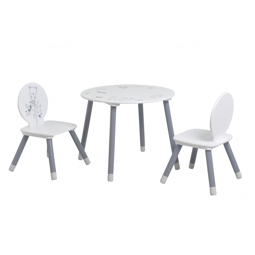 Set table + 2 chaises motif Ours - Blanc/gris 