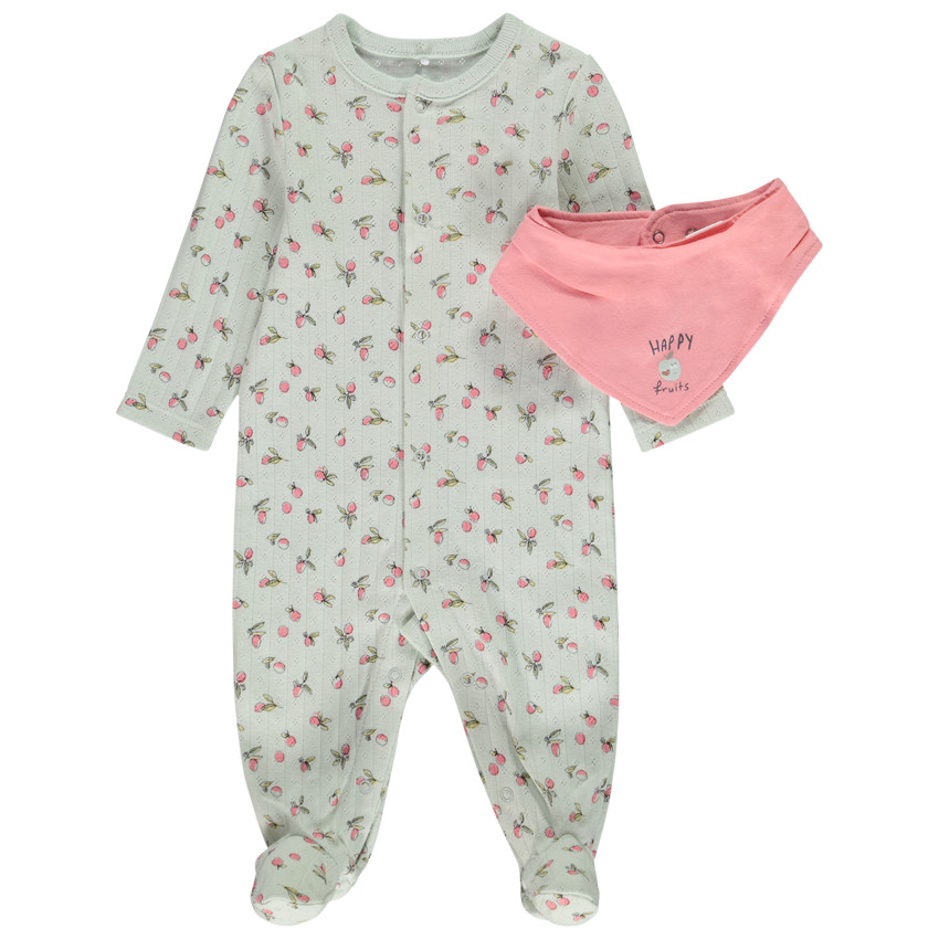Ensemble dors-bien imprimé + bavoir bandana pour bébé fille avec ouvertures différentes selon l'âge 