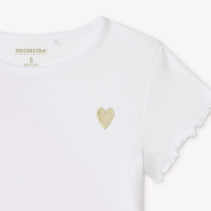 T-shirt manches courtes en maille côtelée uni broderie cœur fille 