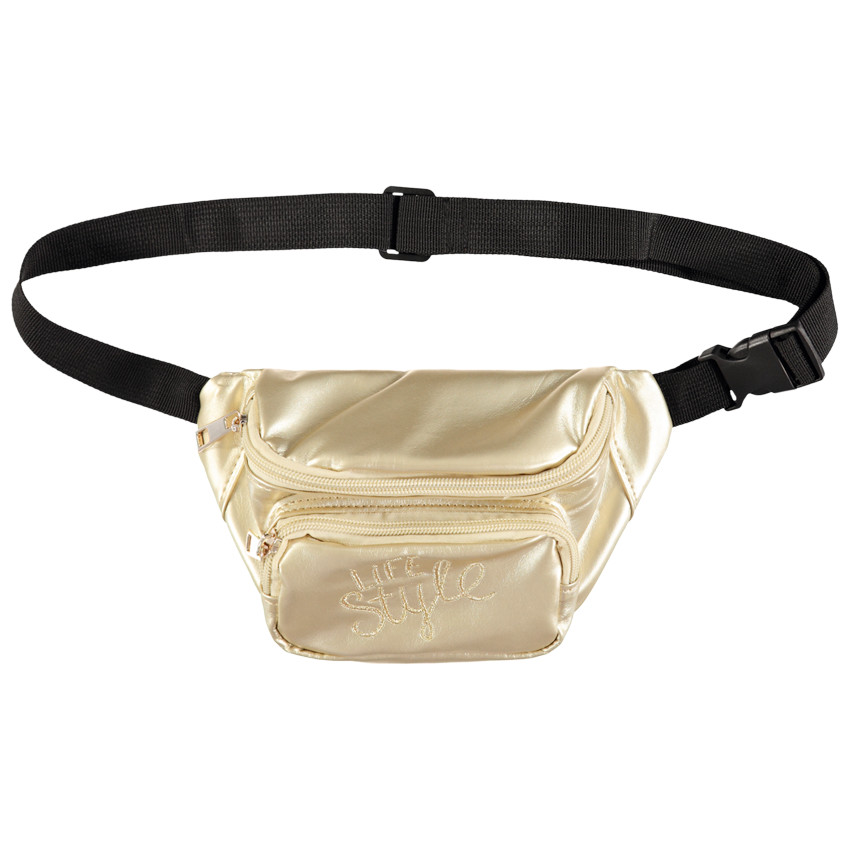 Gouden heuptasje met geborduurd opschrift 