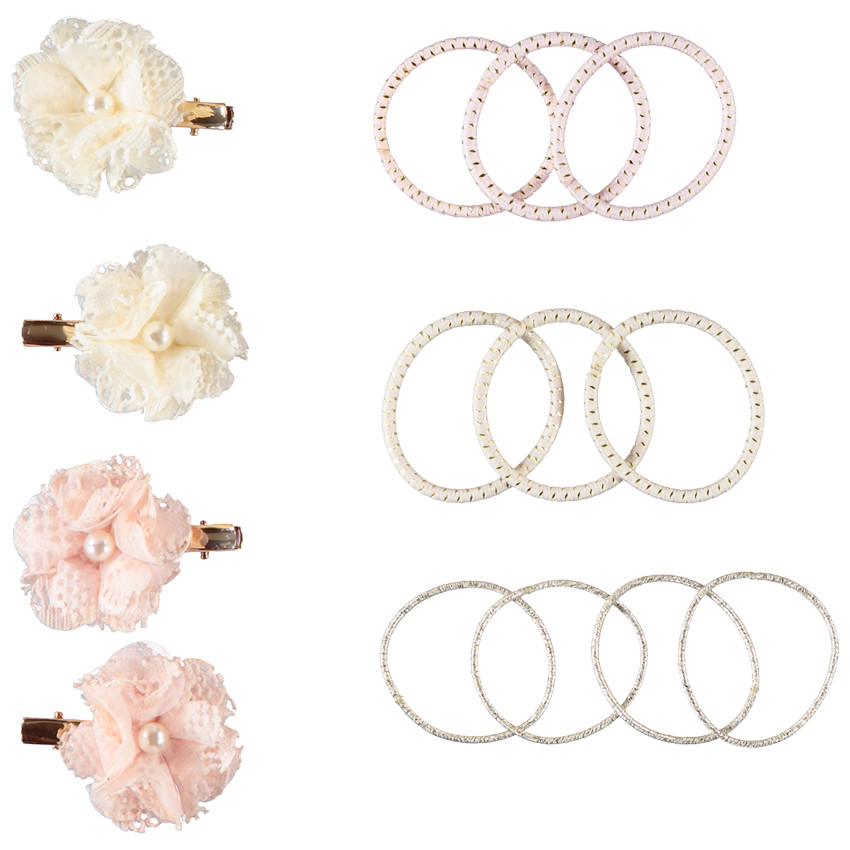 Set van 4 fantasie haarspeldjes met bloemen + 10 elastiekjes voor meisjes 