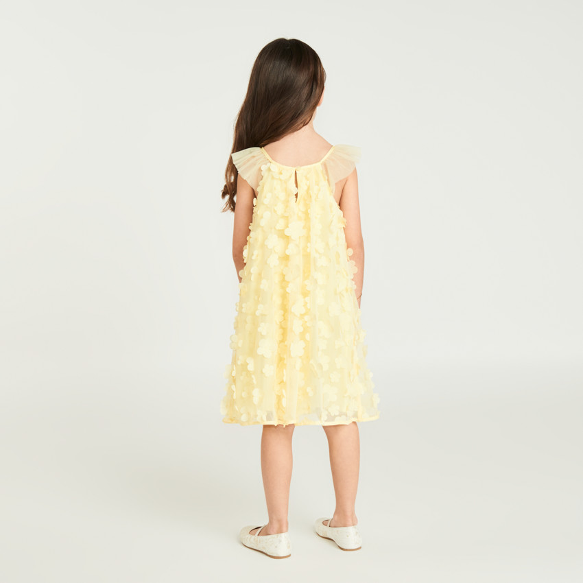 Robe uni en tulle et satin avec petites fleurs 3D pour fille  