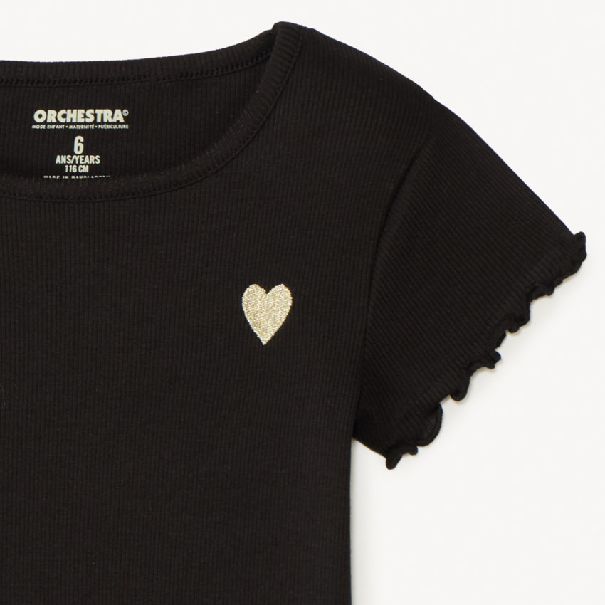 Korte mouwen geribd T-shirt met geborduurd hart meisjes 