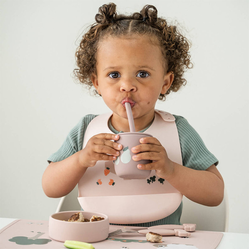 Set van 2 drinkbekers met rietje in silicone Tiny Farm Roze 