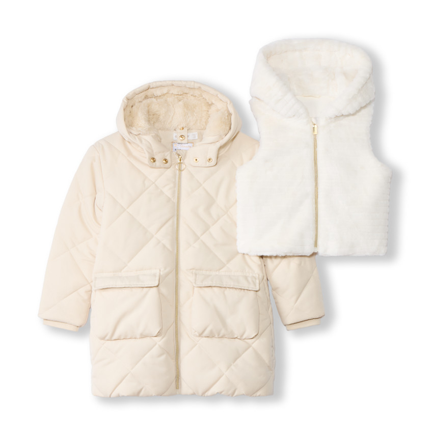Donsjas met lange mouwen in twill en sherpa + vest voor meisjes 
