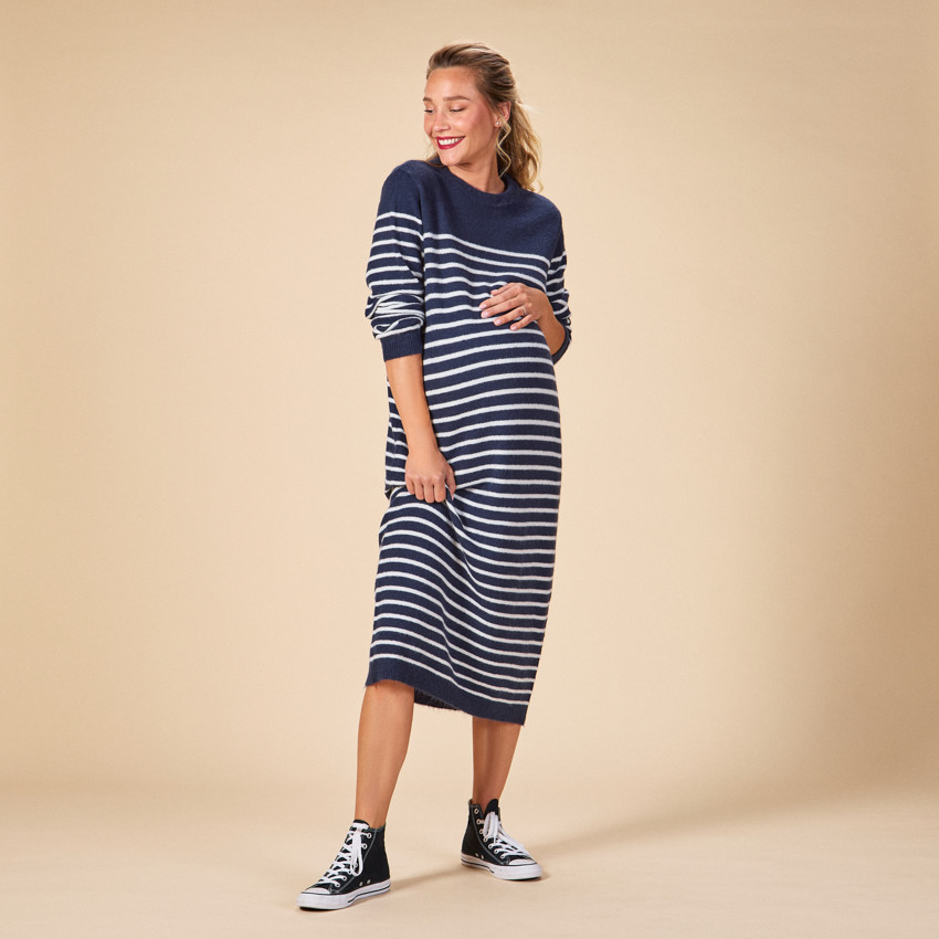 Gestreepte gebreide jurk met col voor dames 