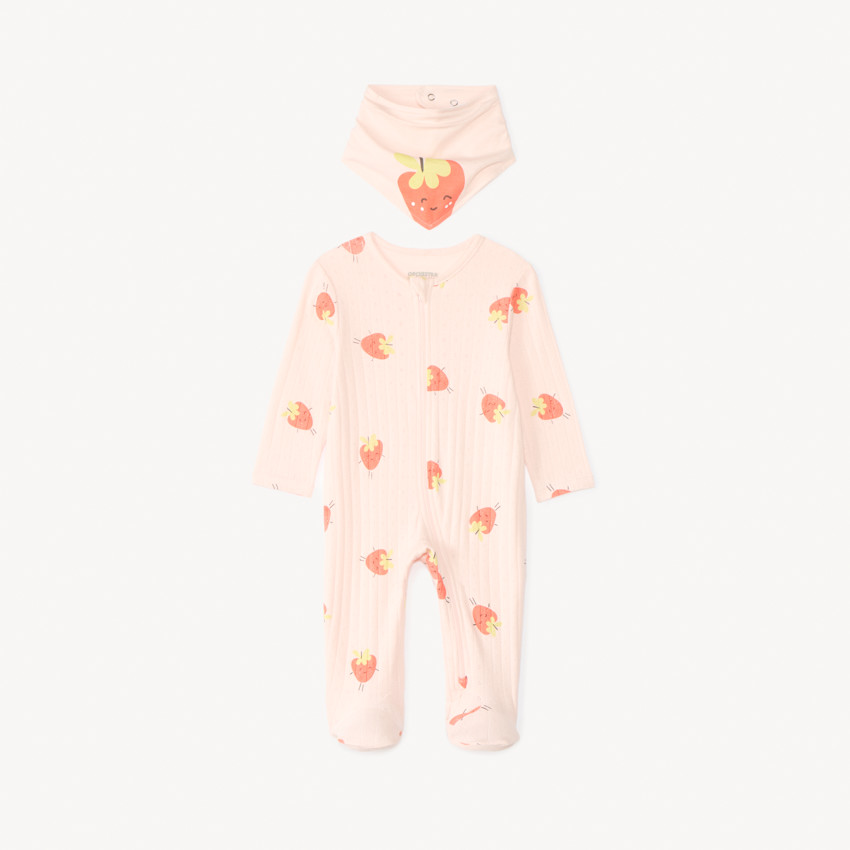 Donsch One-Piece met aardbeienprint + slabbetje voor meisjesbaby's 