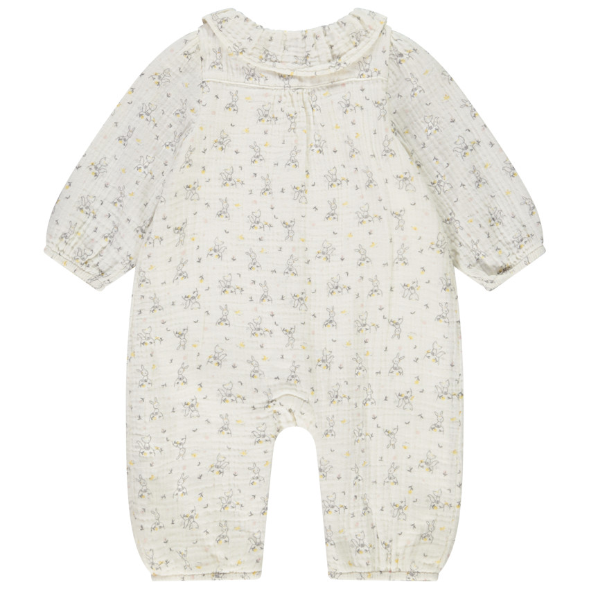 Combinaison longue en double gaze de coton avec col claudine et imprimé lapins/renards pour bébé fille 