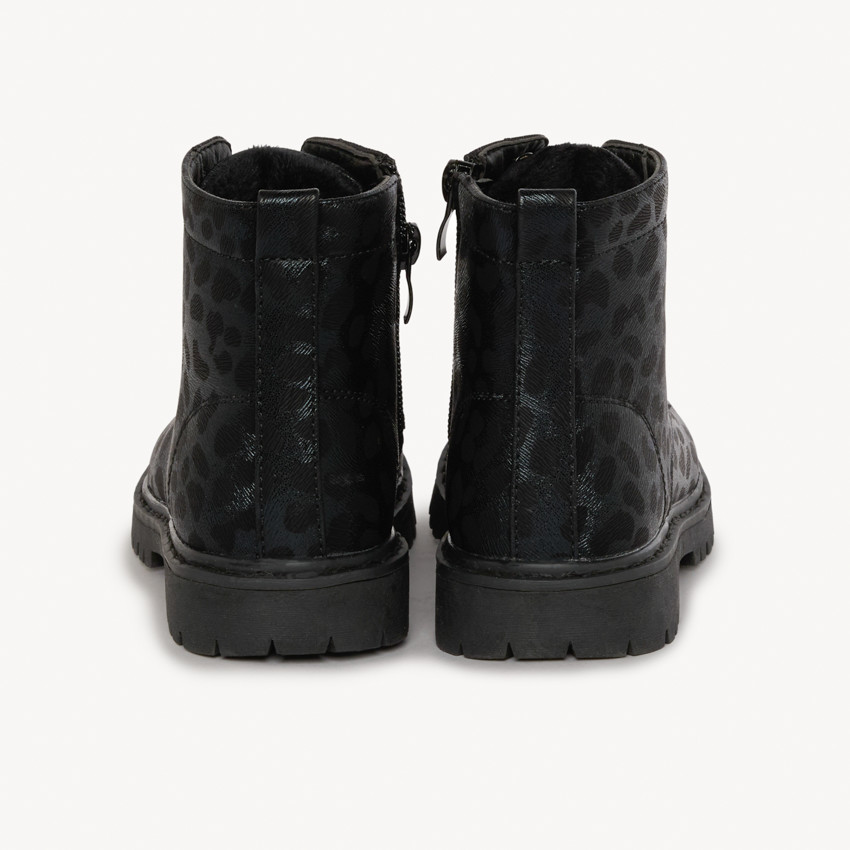 Bottillons noirs à lacet et zip imprimé léopard pour fille  