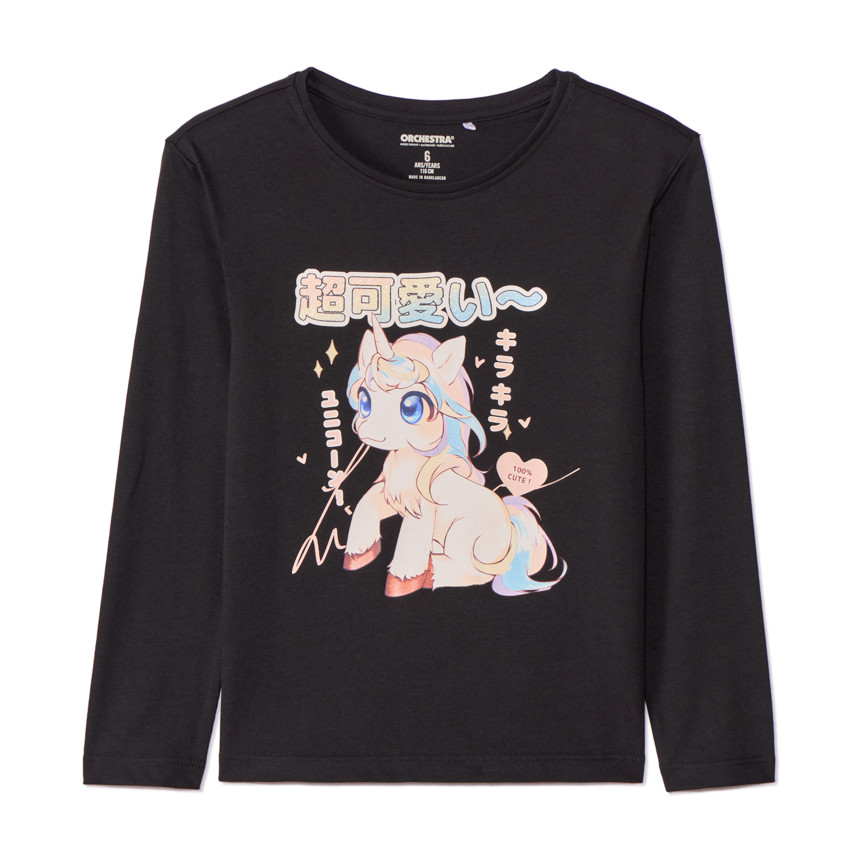 T-shirt met lange mouwen, zwarte jersey, met kawaii eenhoornprint voor meisjes 
