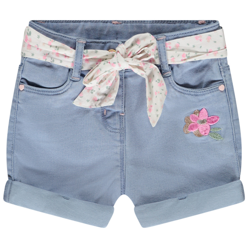 Short in denim met borduursel en strikceintuur voor meisjes 