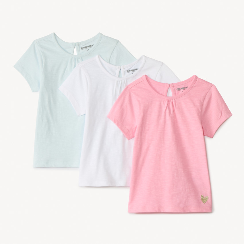 Set van 3 effen t-shirts met korte mouwen voor babymeisje, jersey, glitterhartprint linkeronderhoek, ronde hals met lichte plooitjes, effen rug 