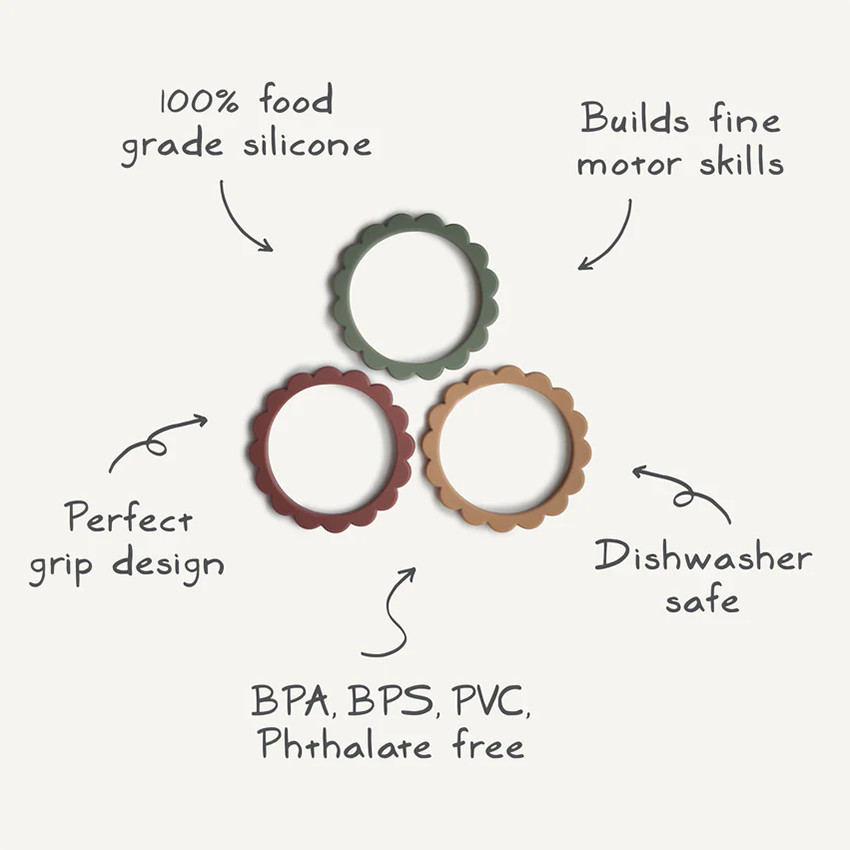 Anneau de dentition bracelets Fleurs Noir/Naturel/Caramel 3pcs  