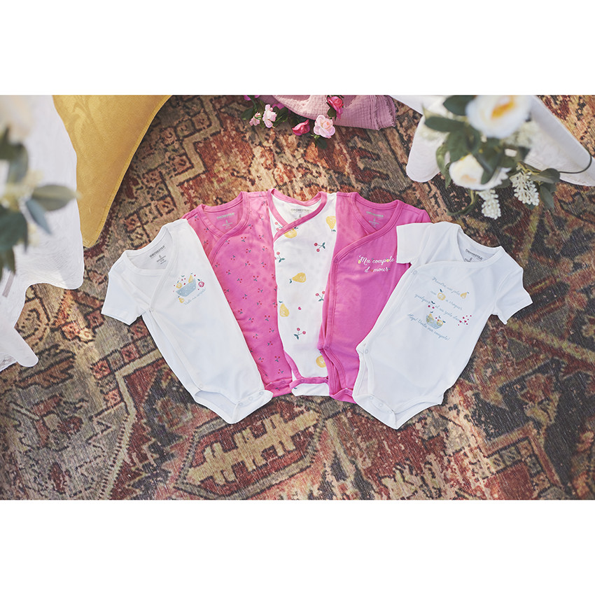 Lot de 5 bodies manches courtes pour bébé fille - Ouvertures différentes selon l'âge 