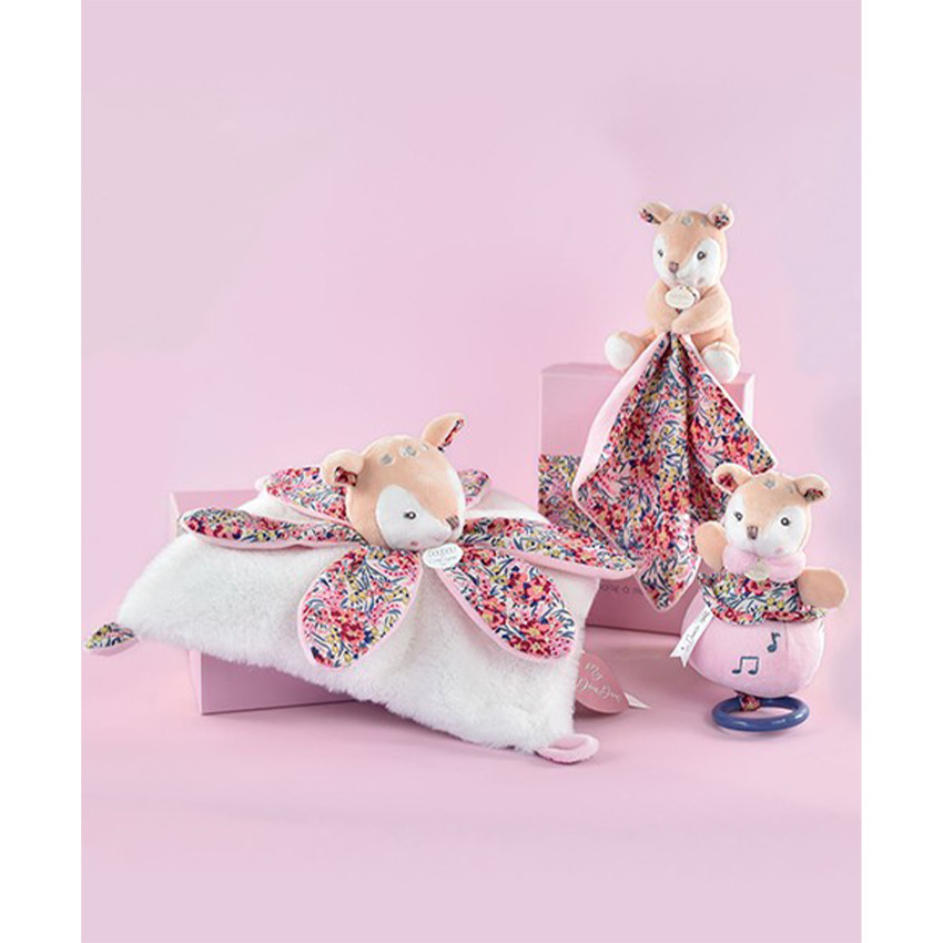 Doudou Faon beige avec mouchoir Boh'Aime 12cm 