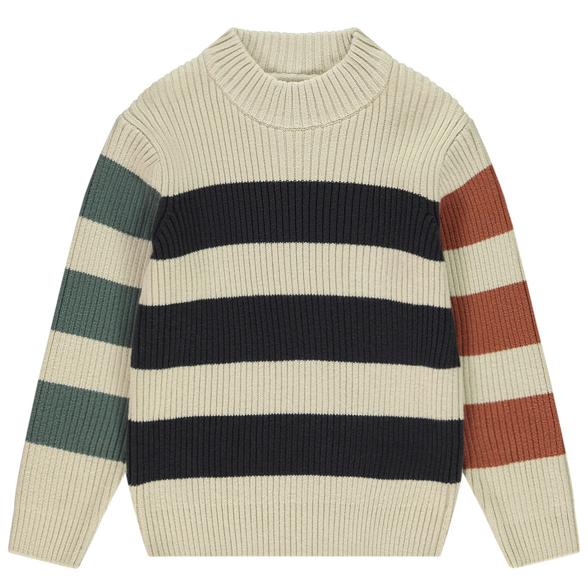Pull à rayures tricolores en maille tricot + col cheminé pour garçon 