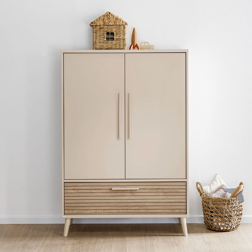 Armoire 2 portes et 1 tiroir Tiny Eefje Cashmere Beige/Groovy Chêne 