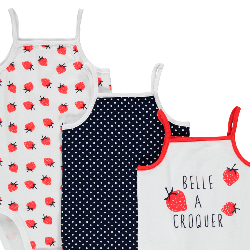 Set van 5 bodies met fijne schouderbandjes en print van stippen en aardbeien 