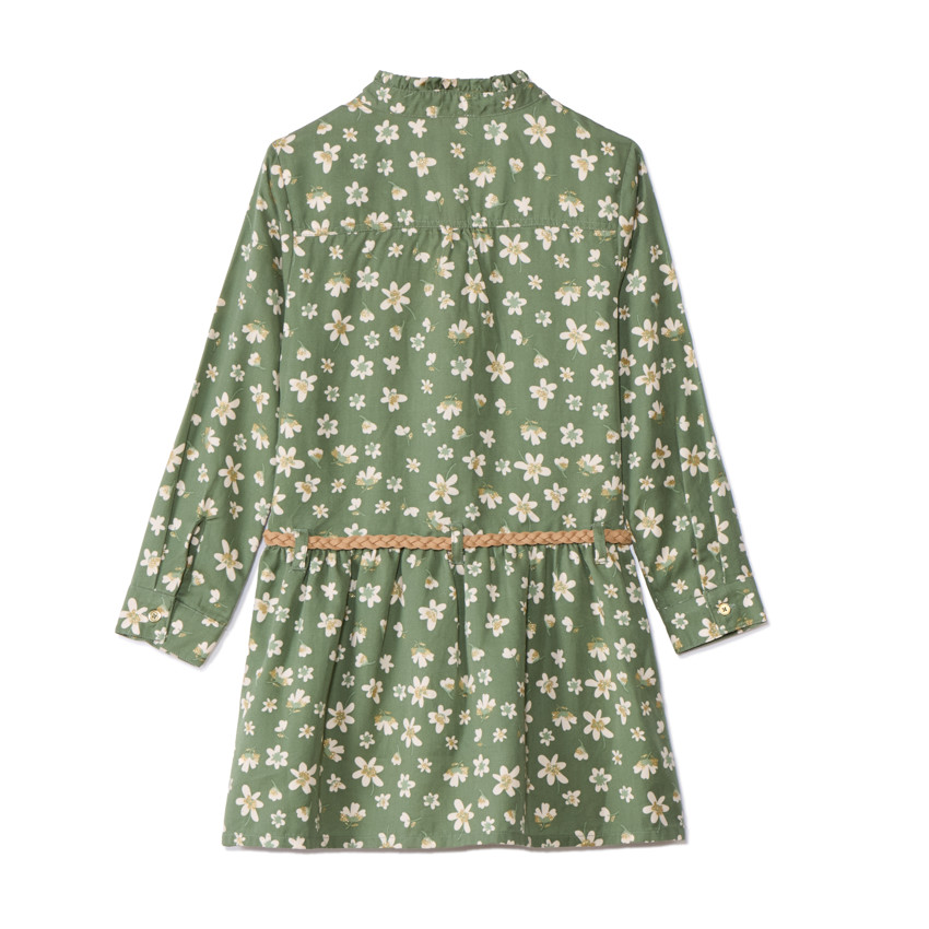 Kaki jurk met lange mouwen en bloemenprint voor meisjes 