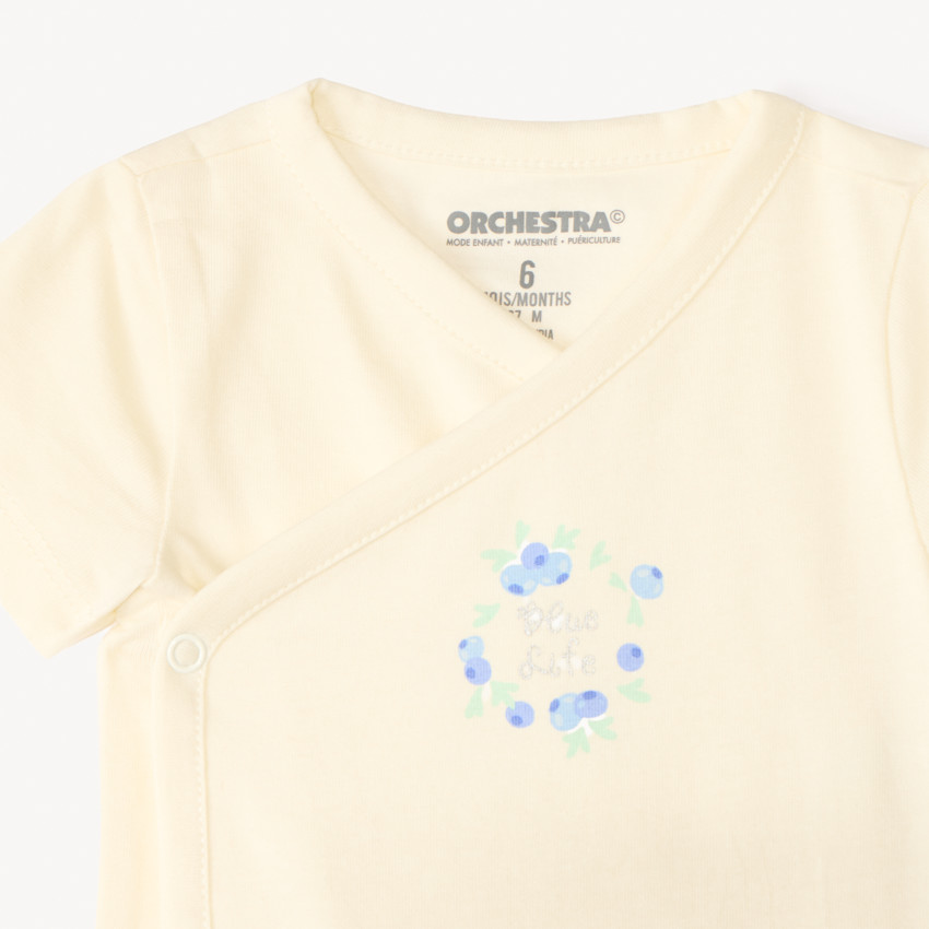 Set van 5 rompertjes met bosbessenmotieven voor babymeisjes, met verschillende openingen afhankelijk van de leeftijd. 