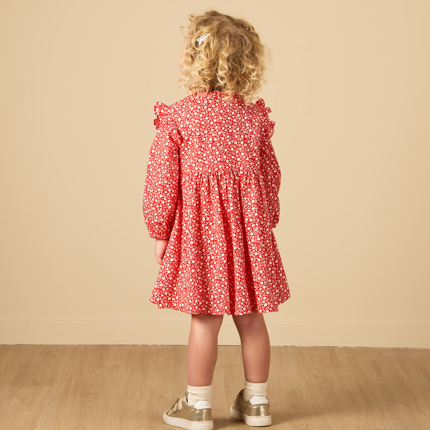 Robe manches longues rouge avec fleurs imprimés pour bébé fille 