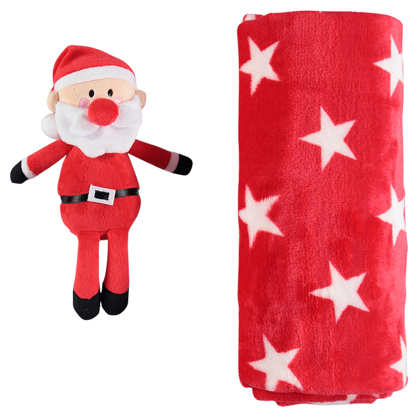 Ensemble couverture sherpa étoilée et peluche père Noël  