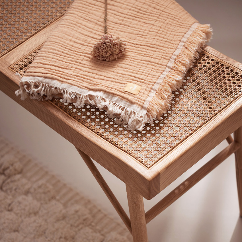 Couverture en gaze 75 x 100 cm à franges moonstone/ivory 